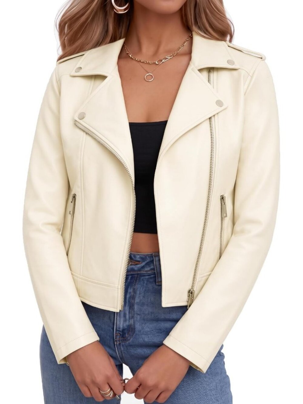 Chic Faux Leather Cropped Jacket for Women - Edgy Zip-Up Coat for Casual Outfits